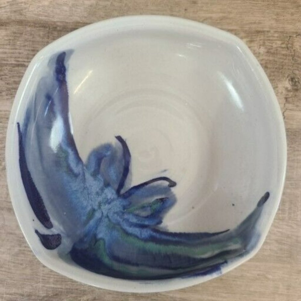 Studio Hand Made Artisan Signed Pottery Rounded Square Bowl Blue Butterfly Glaze - Picture 7 of 12